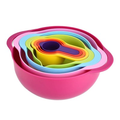 Colorful Plate Salad Bowl Set 8 Piece Measuring Cups And Plastic Colander Set